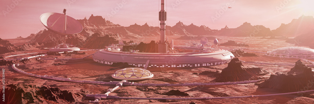 Canvas Prints station on mars surface, first martian colony in desert landscape on the red planet (3d space render
