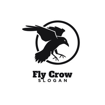 raven crow fly with circle black logo icon design vector illustration template