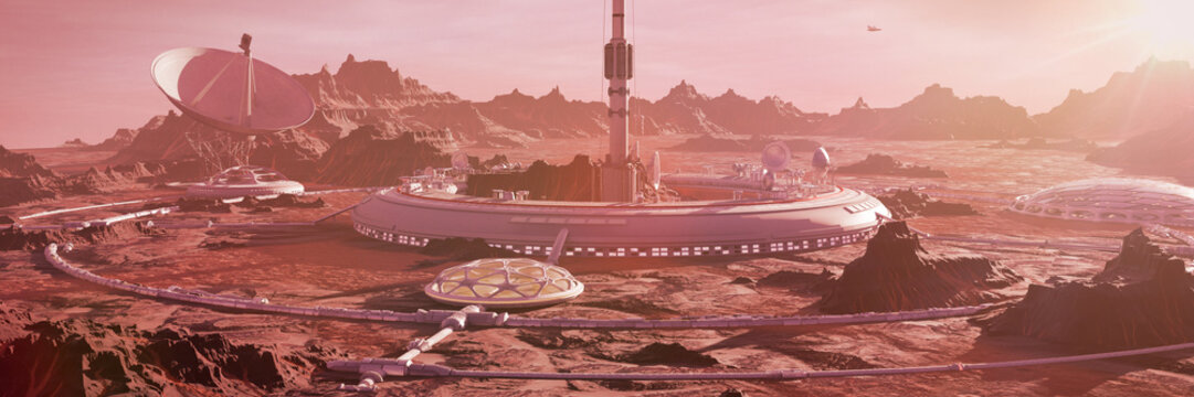 station on Mars surface, first martian colony in desert landscape on the red planet (3d space rendering banner)
