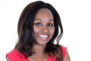 Portrait of african american attractive woman smiling against white background