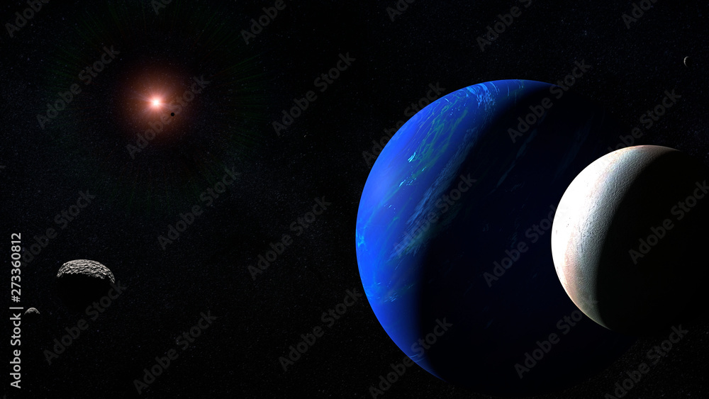 Canvas Prints planet neptune with its moon triton and some other moons