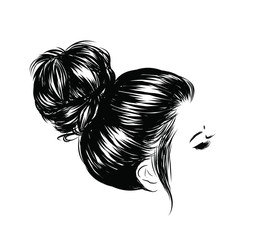 Woman with stylish messy  bun with perfect eyebrow shaped and full. Illustration of business hairstyle with natural long hair. Hand-drawn idea for greeting card, poster, flyers, web, print for t-shir - obrazy, fototapety, plakaty