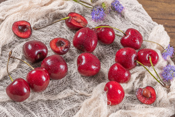 Fresh ripe cherries. Sweet cherries on table