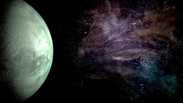 Gesteinsplanet und im Hintergrund ein planetarischer Nebel - Animation