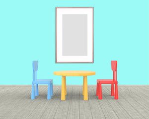 Vertical Frame mockup of rose gold in the nursery. The minimalist interior of a children's colored table and chairs on a blue background. 3D render..