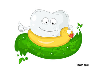 Colored illustration about health and tooth care. White healthy tooth on the circle for bathing in the form of a duck, bathed in  herbal rinse for the mouth. Great illustration for healthcare design.