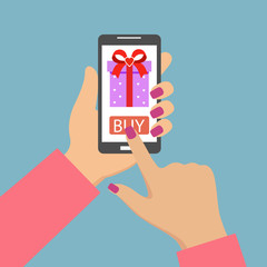 Mobile account.Gift app page on smartphone screen. Hand hold smartphone, finger touch sign in button on blue background