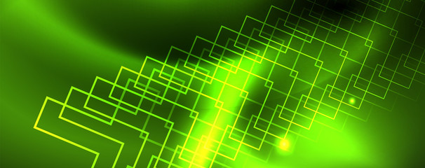 Techno glowing background, futuristic dark template with neon light effects and simple forms, vector