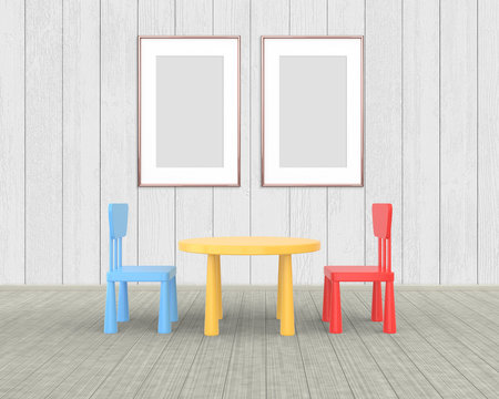 Two Vertical Frame mockup of rose gold in the nursery. The minimalist interior of a children's colored table and chairs on a white wooden background. 3D render..