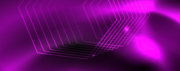 Shiny neon techno template. Neon lines background, 80s style laser rays