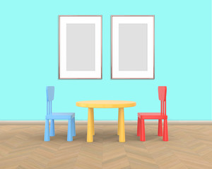 Two Vertical Frame mockup of rose gold in the nursery. The minimalist interior of a children's colored table and chairs on a blue background. 3D render..