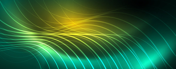 Shiny neon lines template - northern lights glowing blur lines. Futuristic style glow neon 80s disco club or night party techno template