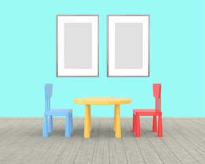 Two vertival Frame mockup of rose gold in the nursery. The minimalist interior of a children's colored table and chairs on a blue background. 3D render..