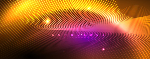 Shiny neon lights, dark abstract background with blurred magic neon light curved lines