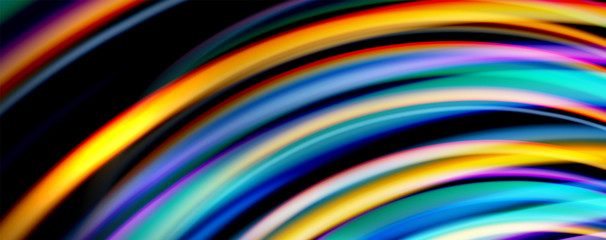 Fluid color rainbow style wave abstract background, techno modern design on black