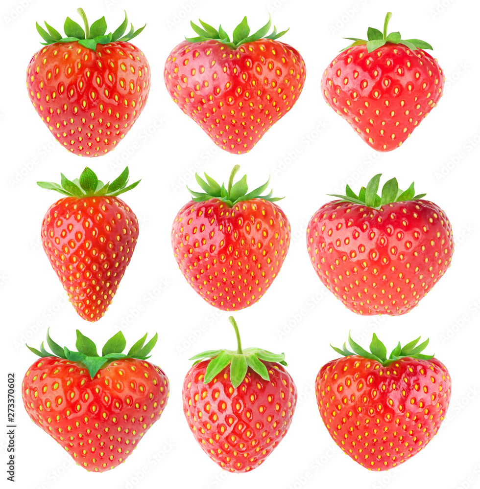 Fototapete Isolated strawberries. Collection of strawberry fruits of various shapes isolated on white background with clipping path