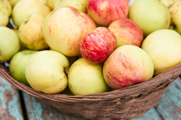 Vintage set of ripe apples in a basket on wooden blue boards.