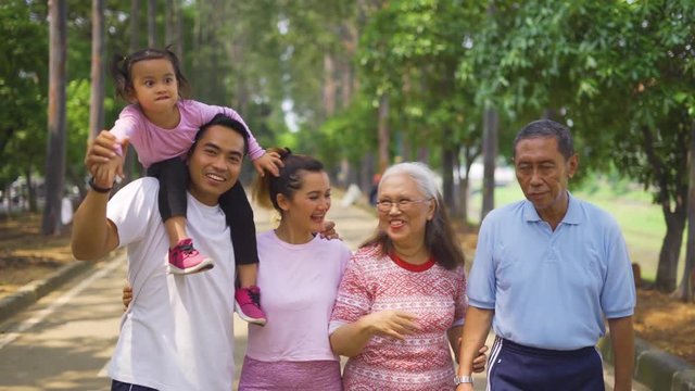 Happy multigeneration family walking at the park while talking together. Shot in 4k resolution