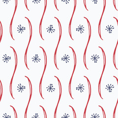 Hand drawn Americana seamless pattern in red, white and blue. Perfect, fun background for any patriotic American holiday. Quirky hand drawn doodle design, great for textiles, paper and party decor.