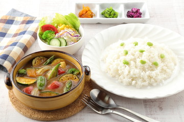 夏野菜カレー　サラダセット　三種の薬味付き