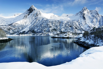 Winter landscape in Lofoten Archipelago, Norway, Europe