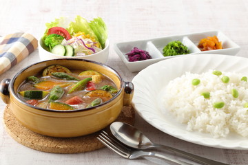 夏野菜カレー　サラダセット　三種の薬味付き