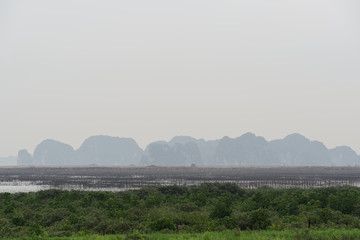 Fototapeta na wymiar Ha Long bay with their isles on foggy day. Vietnam
