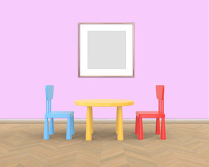 Square Frame mockup of rose gold in the nursery. The minimalist interior of a children's colored table and chairs on a pink background. 3D render..