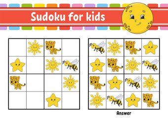 Sudoku for kids. Education developing worksheet. Activity page with pictures. Puzzle game for children. Logical thinking training. Isolated vector illustration. Funny character. Cartoon style. © PlatypusMi86