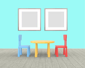 Two square Frame mockup of rose gold in the nursery. The minimalist interior of a children's colored table and chairs on a blue background. 3D render..