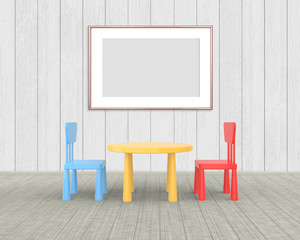 Horizontal Frame mockup of rose gold in the nursery. The minimalist interior of a children's colored table and chairs on a white wooden background. 3D render..