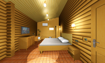 illustration of the hotel room of round wooden logs