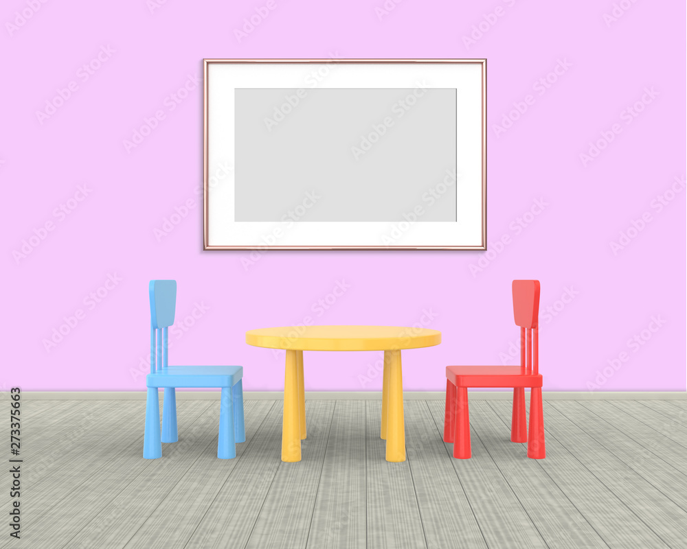 Wall mural Horizontal Frame mockup of rose gold in the nursery. The minimalist interior of a children's colored table and chairs on a brick background. 3D render..