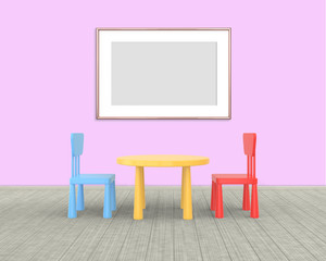 Horizontal Frame mockup of rose gold in the nursery. The minimalist interior of a children's colored table and chairs on a brick background. 3D render..