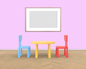 Horizontal Frame mockup of rose gold in the nursery. The minimalist interior of a children's colored table and chairs on a pink background. 3D render..