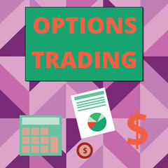 Writing note showing Options Trading. Business concept for Different options to make goods or services spread worldwide Dollar Investment in Gold and Presenting Data thru Pie Chart