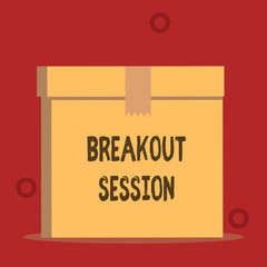 Word writing text Breakout Session. Business photo showcasing workshop discussion or presentation on specific topic Close up front view open brown cardboard sealed box lid. Blank background