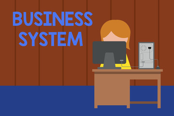 Word writing text Business System. Business photo showcasing A method of analyzing the information of organizations Young female working office sitting desktop computer office monitor photo © A