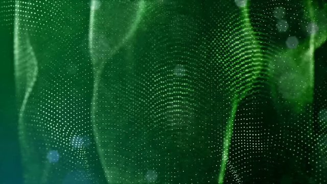sci-fi green background of luminous particles that form curves, surfaces, complex structures, time-varying waves with depth of field and bokeh light effects. looped animation modern motion graphics. 4