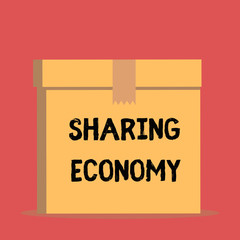 Handwriting text Sharing Economy. Conceptual photo economic model based on providing access to goods Close up front view open brown cardboard sealed box lid. Blank background