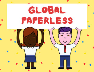 Handwriting text Global Paperless. Conceptual photo going for technology methods like email instead of paper Two Smiling People Holding Big Blank Poster Board Overhead with Both Hands