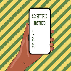 Handwriting text Scientific Method. Conceptual photo Principles Procedures for the logical hunt of knowledge Closeup of Smartphone Device Held in Hand with Empty Screen and Text Space