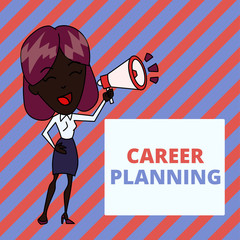 Writing note showing Career Planning. Business concept for A list of goals and the actions you can take to achieve them Young Woman Speaking in Blowhorn Colored Backgdrop Text Box