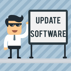 Writing note showing Update Software. Business concept for replacing program with a newer version of same product Office Worker Sunglass Blank Whiteboard Meeting Presentation