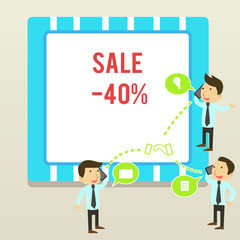 Word writing text Sale 40 Percent. Business photo showcasing A promo price of an item at 40 percent markdown Businessmen Coworkers Conference Call Conversation Discussion Mobile Phones