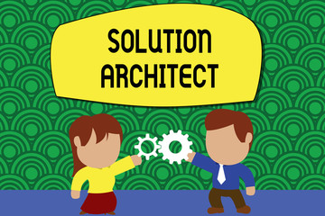 Word writing text Solution Architect. Business photo showcasing Design applications or services within an organization Standing young couple sharing gear. Man tie woman skirt commerce relation