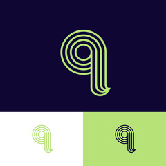 Q letter. Green Q Monogram Consist of Thin Lines, Isolated on a Different Backgrounds. Web, UI Icon. 