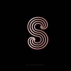 S letter. Gold S Monogram Consist of Thin Lines, Isolated on a Dark Background. Web, UI Icon. 