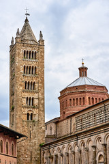 Fototapeta na wymiar A historic church with a bell tower in the city of Massa Maritima in Tuscany...