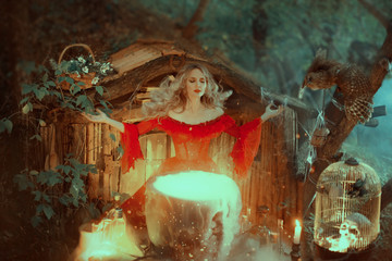 witch in a red dress with bare shoulders of the Baroque era, is preparing a poison. The sorceress...